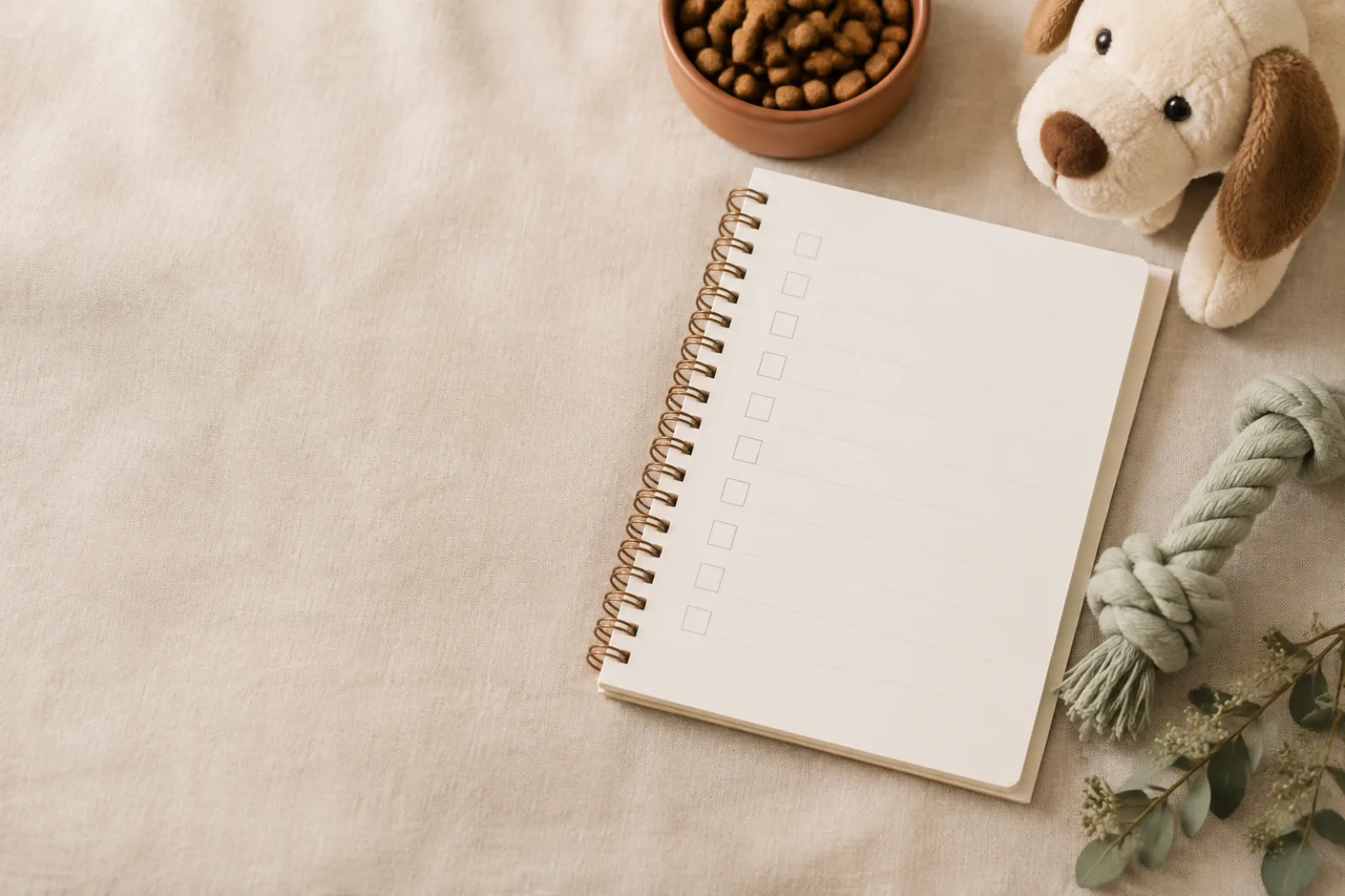 An open pet-life checklist notebook with everyday pet supplies