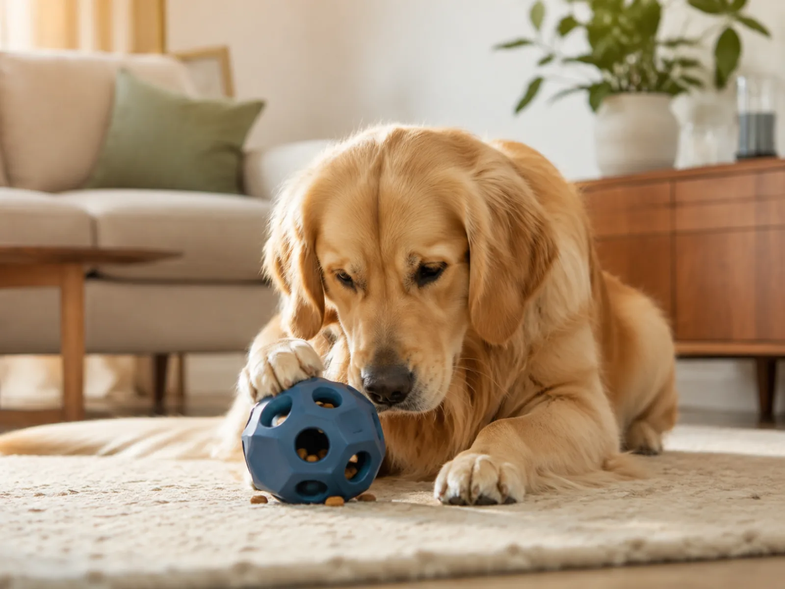 A golden retriever using an enrichment toy at home
