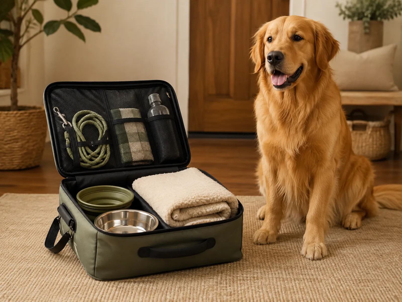 An organized pet travel bag beside a golden retriever