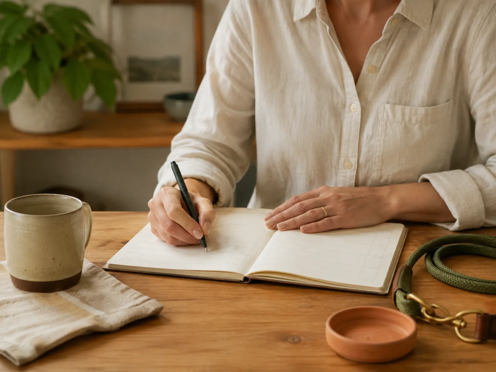 A pet owner creating a simple weekly routine in a notebook