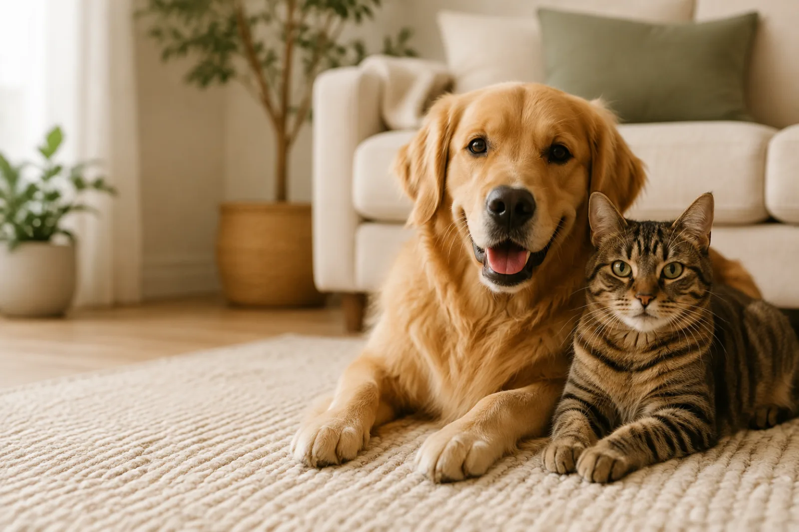 A golden retriever and tabby cat relaxing together in a warm living room
