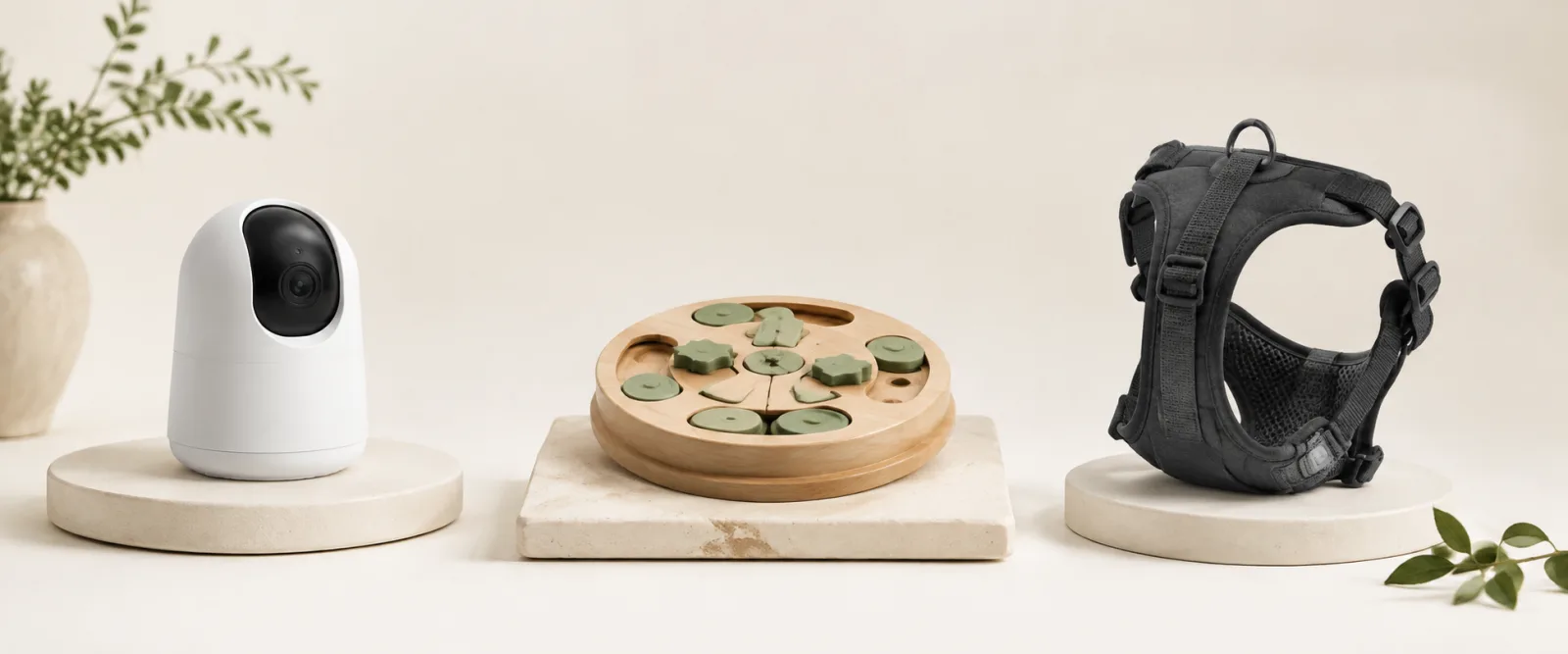A pet camera, puzzle feeder, and everyday dog harness displayed for comparison