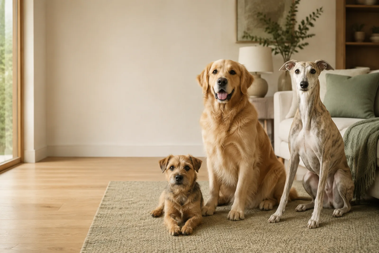Three dogs resting together at home