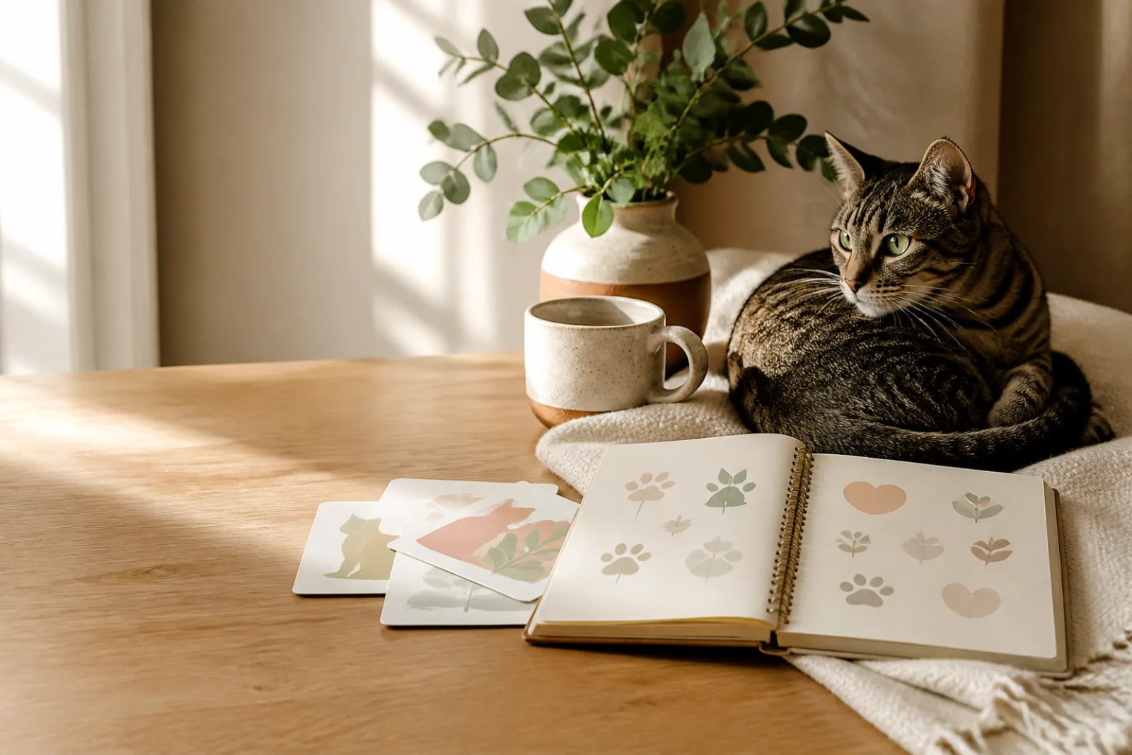 A cat resting beside an open notebook in a sunlit home.
